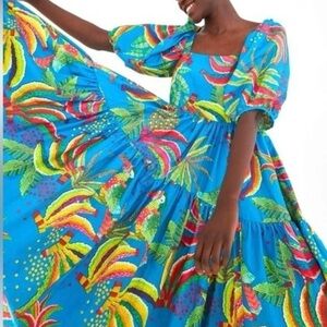 a Farm Rio Blue Bananas Tropical Blue Puff Sleeve Midi Dress